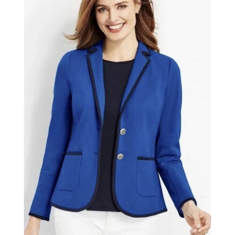 Talbots Women's Pique Aberdeen Knit 2 Button Blazer Sz 14p Blue Preppy Academia